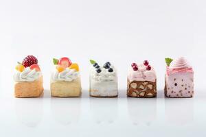 impostato di delizioso torte. piccolo dolce torte isolato su bianca sfondo. forno prodotti. bandiera design. generativo ai foto