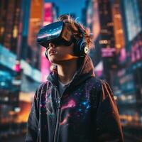 illustrazione di un' persona indossare un' virtuale la realtà vr cuffia, ai generato. foto