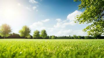 sfocato sfondo di primavera natura con un' bene rifilato prato contro un' blu cielo e nuvole su un' luminosa soleggiato giorno. generativo ai foto