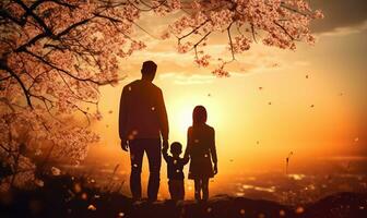 contento famiglia, padre, madre, figlio e figlia nel natura, tramonto. famiglia silhouette a tramonto in piedi su superiore di collina. generativo ai foto