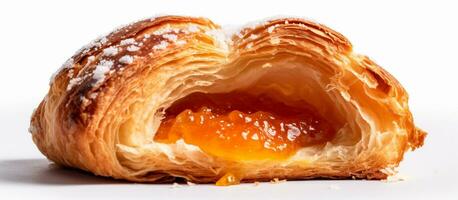 delizioso prima colazione - brioche con marmellata e realistico particolari. generativo ai, culinario fotografia cattura il dettaglio e realistico struttura di Cornetti, con marmellata. foto