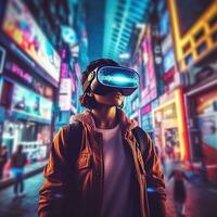 illustrazione di un' persona indossare un' virtuale la realtà vr cuffia, ai generato. foto