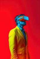 illustrazione di un' moda ritratto indossare un' virtuale la realtà vr cuffia. ai generato. foto