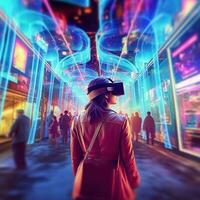 illustrazione di un' persona indossare un' virtuale la realtà vr cuffia, ai generato. foto