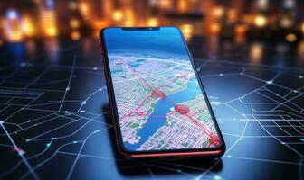 puntamento smartphone con GPS navigazione e carta geografica icone su sfocato strada astratto sfondo . ai generato foto