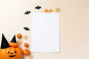 vuoto carta foglio con Halloween decorazioni su pastello sfondo. saluto carta, invito modello. posto per iscrizione. zucca. moderno minimo attività commerciale modello. superiore Visualizza. generativo ai foto