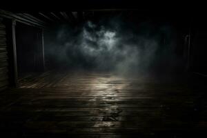 sfocato sfondo di nebbia nel buio, Fumo, e nebbia su un' di legno pavimento. astratto e lunatico Halloween sfondo. generativo ai foto