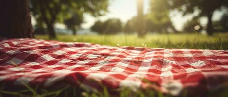 rosso e bianca plaid picnic coperta su superiore di un' verde campo nel soleggiato giorno su erba di prato nel estate parco. sfocato sfondo. generativo ai foto