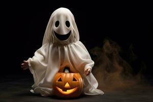 contento Halloween, carino poco ragazzo nel fantasma costume su isolato sfondo. generativo ai foto