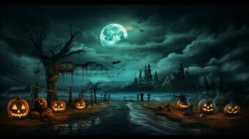 Halloween zucche e buio castello nel il cimitero su blu Luna sfondo nel il spaventoso notte - Halloween sfondo. generativo ai foto