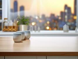 cucina contatore superiore per Prodotto Schermo con moderno minimalista cucina camera interno nel il sfondo. generativo ai foto