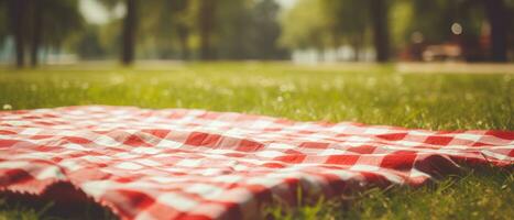 rosso e bianca plaid picnic coperta su superiore di un' verde campo nel soleggiato giorno su erba di prato nel estate parco. sfocato sfondo. generativo ai foto