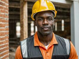 foto di africano nero uomo come un' costruzione lavoratore con casco, generativo ai