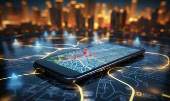 puntamento smartphone con GPS navigazione e carta geografica icone su sfocato strada astratto sfondo . ai generato foto