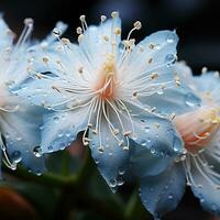 vicino su di blu fiori con gocce di acqua su buio sfondo. bellissimo macro foto. colorato fiori. generativo ai foto