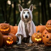 cane indossare un' fantasma costume seduta fra zucche per Halloween nel autunno sfondo. generativo ai foto