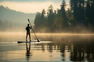 un' uomo impegna nel in piedi paddleboarding su un' sereno lago foto