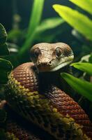 serpente arricciato su su un' ramo tra il le foglie foto