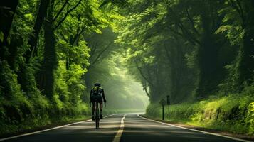 ciclista cavalcate su un' autostrada circondato di verde foreste generativo ai foto