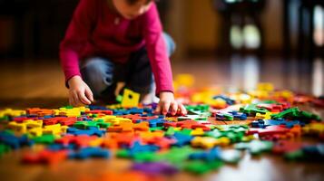 bambino su il pavimento raccoglie colorato puzzle autismo spettro disturbo generativo ai foto