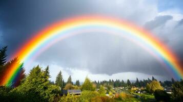 colorato arcobaleno al di sopra di il foresta generativo ai foto