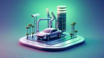 elettrico auto a futuristico ricarica stazione. selezionato messa a fuoco. eco alternativa trasporto e batteria ricarica tecnologia concetto, elettrico ibrido macchina, generativo ai illustrazione foto