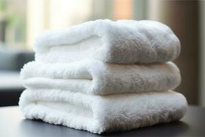 impostato di soffice pulito asciugamani a disposizione per ospite uso. foto
