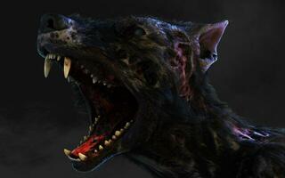 3d illustrazione di non morti zombie cane con ritaglio sentiero. pericoloso rianimato animale con raccapricciante espressione su buio sfondo. foto