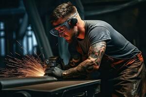 industriale lavoratore indossare protettivo capi di abbigliamento e maschera saldatura metallo nel fabbrica. generativo ai foto