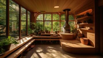 davanti Visualizza di vuoto finlandese sauna camera. moderno interno di di legno terme cabina con asciutto vapore. foto