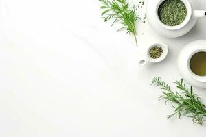verde tè nel un' bianca teiera e tazze su bianca sfondo superiore Visualizza con copia spazio. generativo ai foto