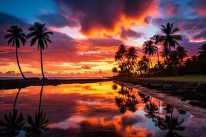 sbalorditivo tramonto con palma alberi riflessa nel il acqua foto