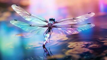 un' libellula librarsi al di sopra di un' magnifico lago foto