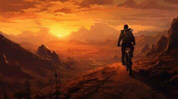 salutare stile di vita un' silhouette di un' ciclista su un' montagna bicicletta a tramonto ai generato foto