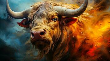 un' montanaro mucca nel fiamme un' drammatico e artistico selvaggio peloso animale pittura con grande corna ai generato foto