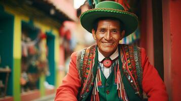 peruviano uomo nel festivo nazionale Abiti, sorridente. ai generato. foto