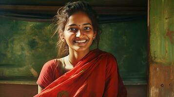 bellissimo giovane indiano donna nel nazionale Abiti, sorridente. foto