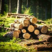 avvicinamento abbattuto e segato albero tronchi impilati su il sobborgi di il foresta. foto