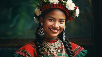 bellissimo giovane peruviano donna nel festivo nazionale Abiti, sorridente. ai generato. foto