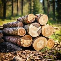 avvicinamento abbattuto e segato albero tronchi impilati su il sobborgi di il foresta. foto