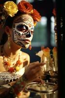 un' ragazza mette su sua viso trucco nel il modulo di un' cranio su il messicano tradizionale popolare vacanza giorno di il morto foto
