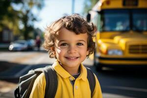 un' giovane bambino avidamente sta nel davanti di un' scuola autobus pronto per imbarcarsi su un' nuovo avventura pieno con apprendimento e amicizie foto