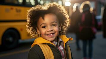 un' giovane bambino avidamente sta nel davanti di un' scuola autobus pronto per imbarcarsi su un' nuovo avventura pieno con apprendimento e amicizie foto