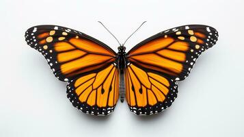 un' maestoso monarca farfalla nel a metà volo simboleggiante il maestoso viaggio di migrazione contro un' puro bianca fondale foto