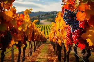 righe di viti ornato nel ardente rosso d'oro giallo e caldo arancia tonalità creare un' ipnotizzante autunno arazzo nel il vigneti foto