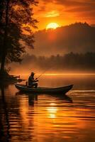 un' solitario pescatore con grazia calchi il suo linea in un' sereno autunno lago cattura il bellezza di un' tranquillo tramonto foto