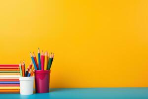 un' brillantemente colorato matita Astuccio circondato di scuola forniture sfondo con vuoto spazio per testo foto
