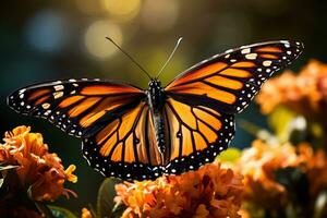 un' avvicinamento di un' delicato monarca farfalla nel a metà volo simboleggiante il maestoso Magia di loro annuale migrazione foto