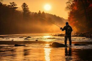 un' silhouette di un' pescatore getto il suo linea in un' color oro autunno lago come il sole imposta nel il sfondo foto