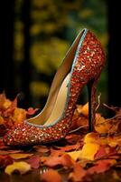 un' elegante tempestato di diamanti tacco circondato di autunno le foglie in mostra il fascino e eleganza di settembre moda settimana foto